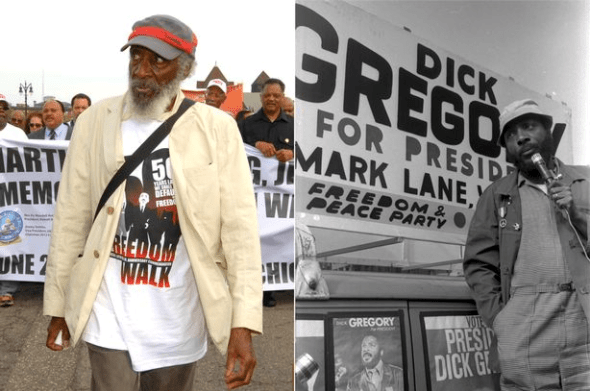 DICK GREGORY, SPEAKING INTO A MICROPHONE