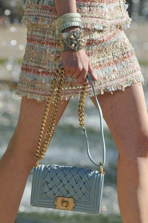 CHANEL LIGHT BLUE CHANEL BOY BAG WITH GOLD HARDWARE