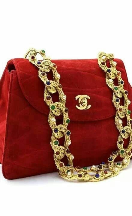 CHANEL RED VELVET BAG WITH PRECIOUS JEWEL ENCRUSTED HARDWARE