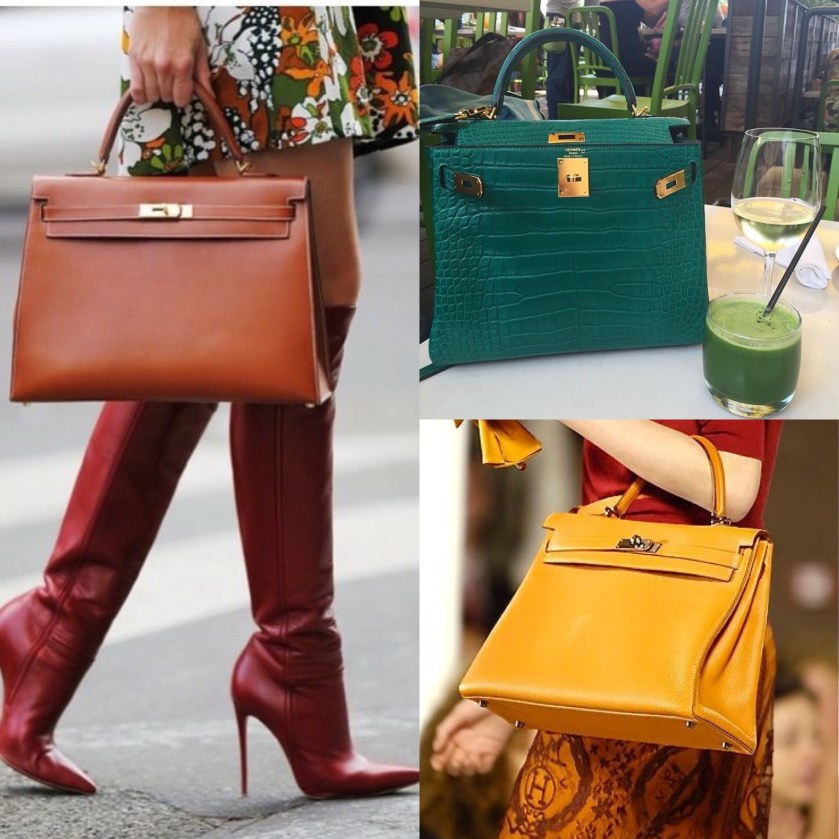 HERMES 2018 BROWN, GREEN AND YELLOW KELLY BAGS